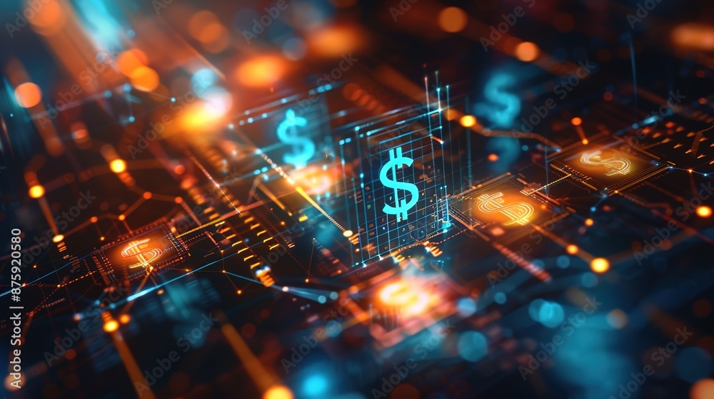 Obraz premium Futuristic Virtual Money Transfer Symbols on Neutral Background