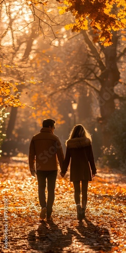 Couple Walking Through Golden Autumn Leaves