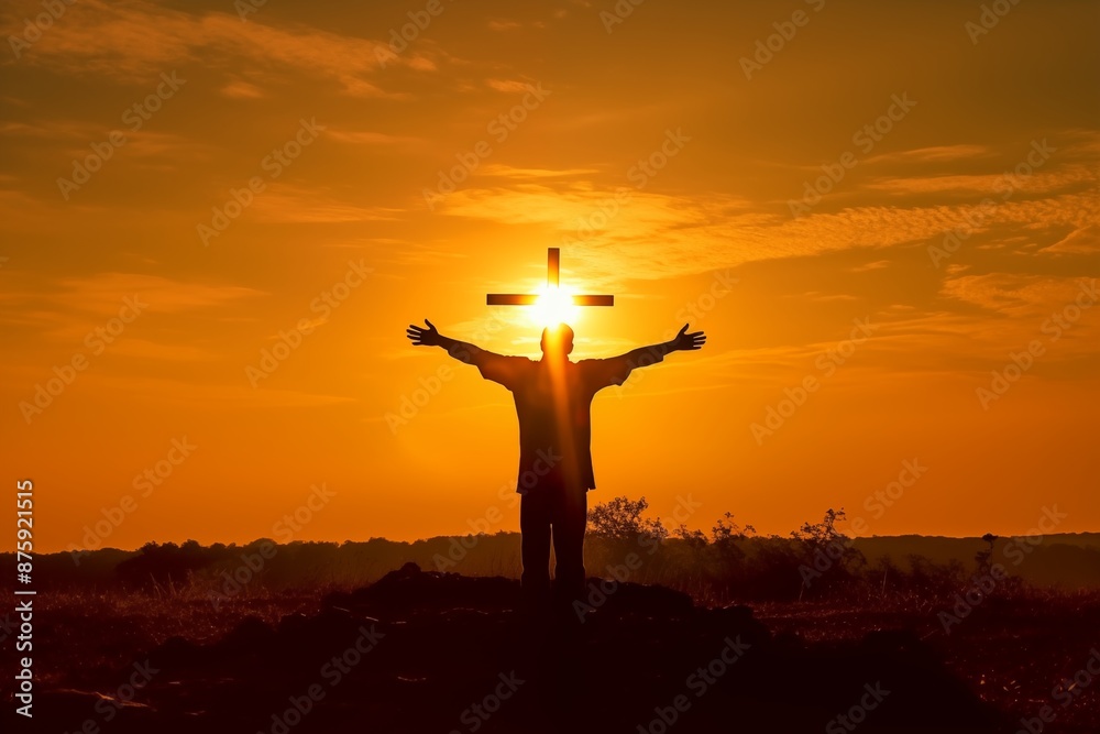 custom made wallpaper toronto digitalA man raises his hands in front of a cross at sunset, creating a silhouette against the sky.