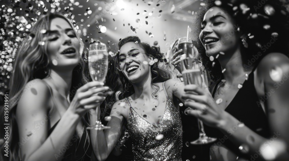 girls dancing glasses of sparkling wine in the club