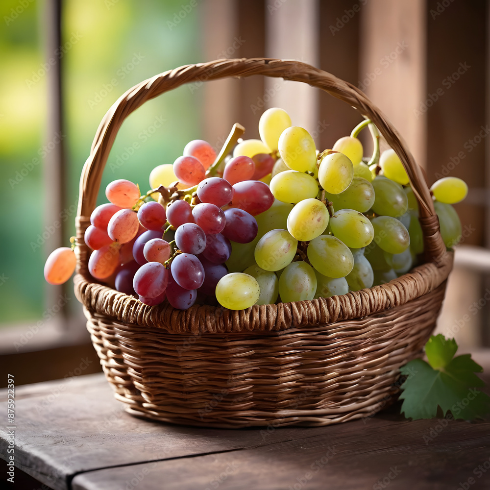 Fresh ripe red purple green grapes in basket. Freshly harvested grapes nestled in a charming basket. Fresh ripe red purple green grapes in basket. Freshly harvested grapes nestled in a charming basket.