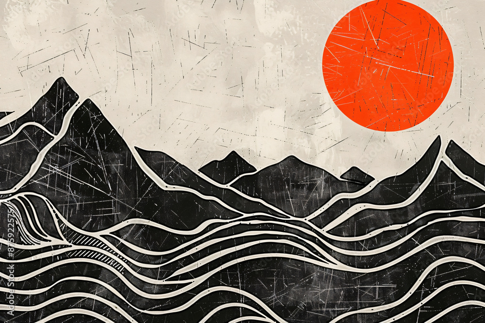 Abstract mountains with a red sun, in the style of Japanese ink drawing, on a white paper background, with detailed lines and shapes, using a black color scheme with high contrast Abstract mountains with a red sun, in the style of Japanese ink drawing, on a white paper background, with detailed lines and shapes, using a black color scheme with high contrast