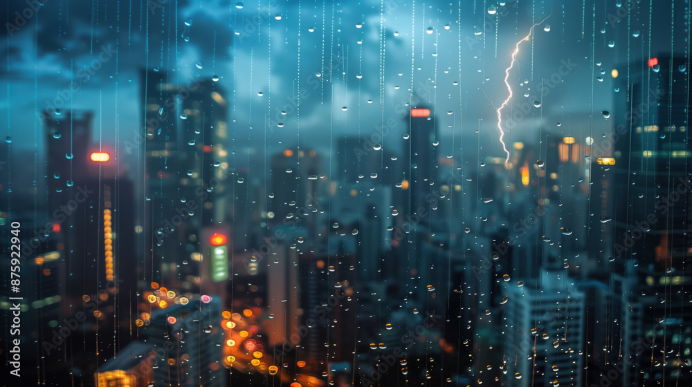 Lightning and Rain Over City Skyline at Night Lightning and Rain Over City Skyline at Night