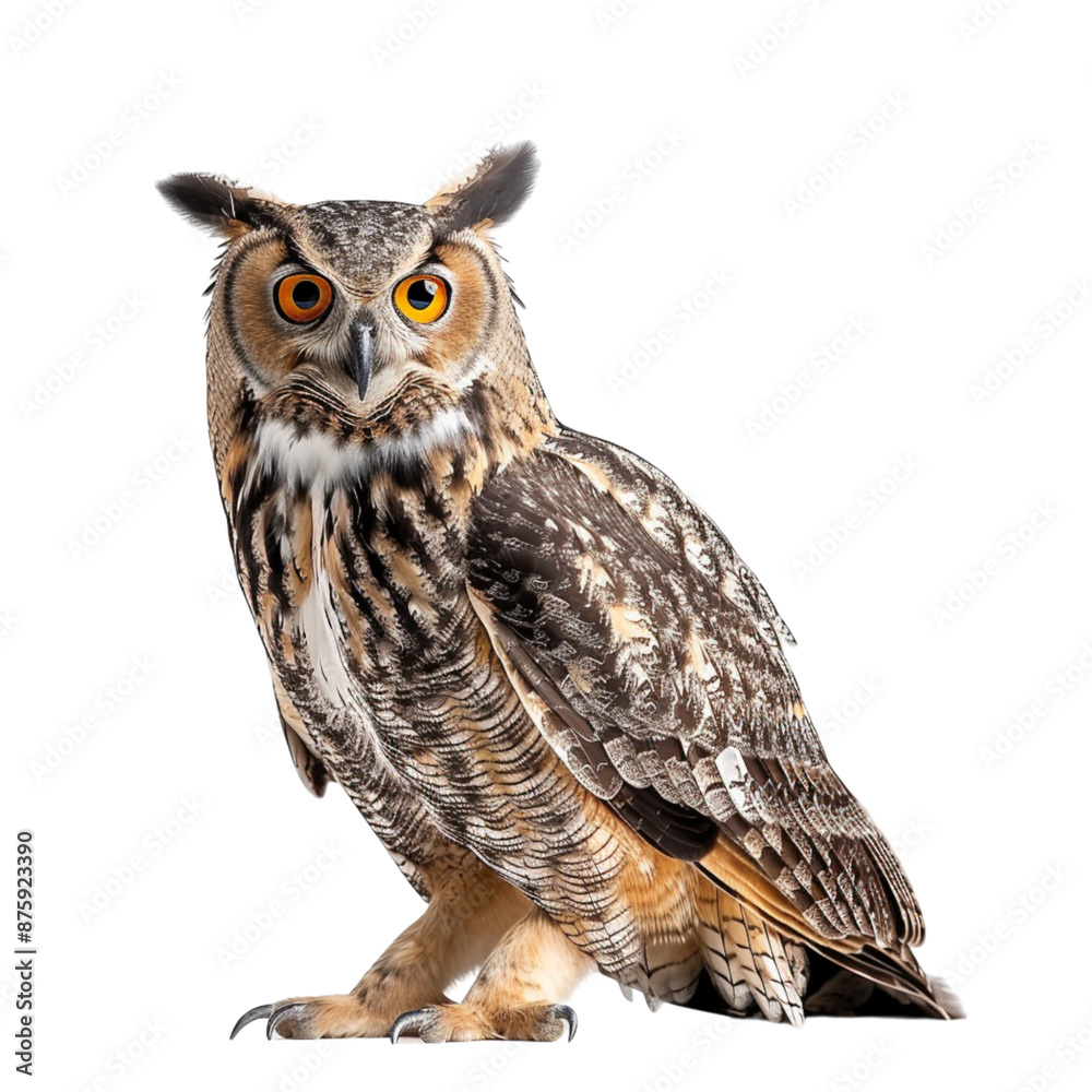 Naklejka premium eurasian eagle owl isolated on white background, flaco eurasian eagle owl, white eurasian eagle owl