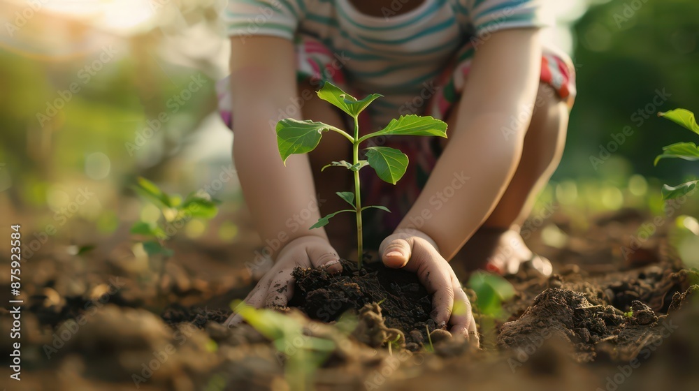 hand children holding young plant. concept eco earth day