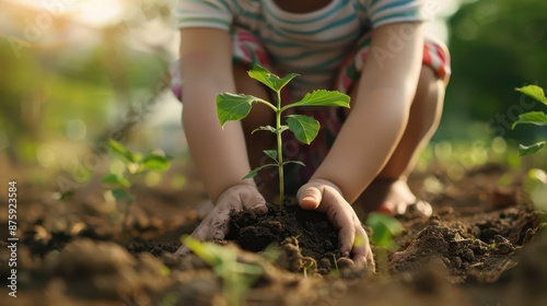 Obraz na płótnie hand children holding young plant. concept eco earth day w salonie
