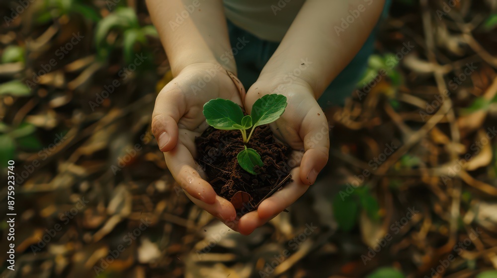 hand children holding young plant. concept eco earth day