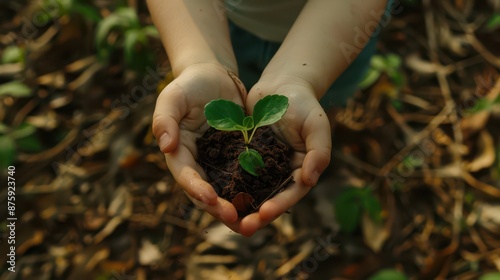 Obraz na płótnie hand children holding young plant. concept eco earth day w salonie