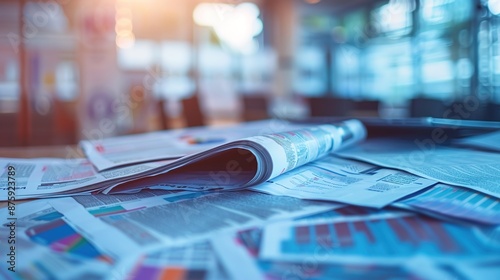 Financial News Abstraction: Blurred Newspapers and Magazines on Desk