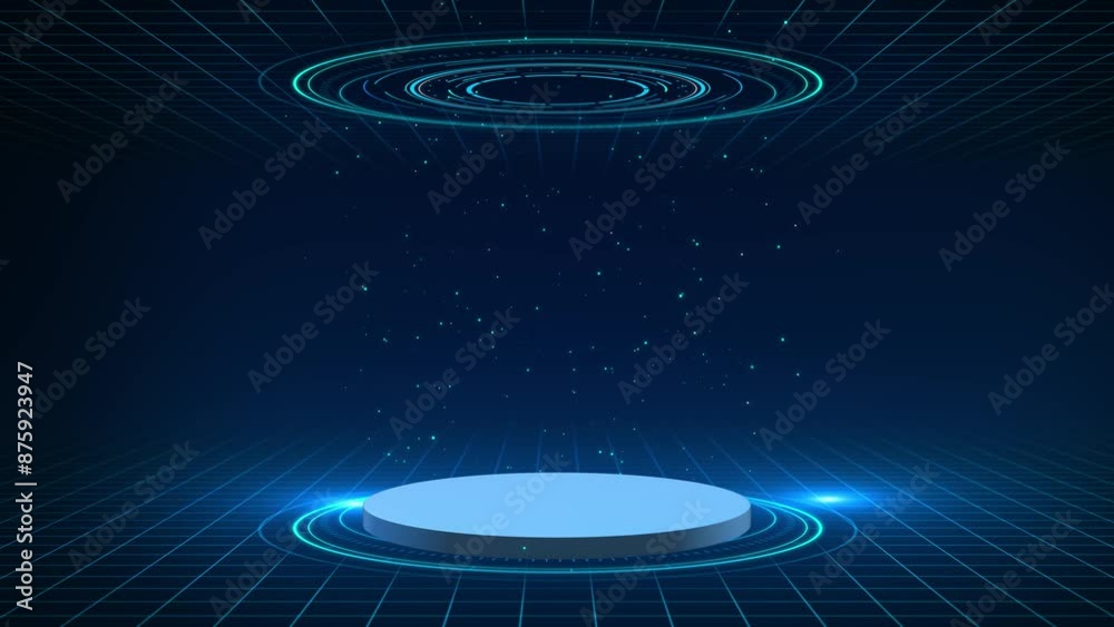 Sci-Fi Deep cyber stage podium Futuristic HUD hologram showcase platform for product displaying. Empty modern stage display. Product corporate promotion. science, stage frame, platform news studio