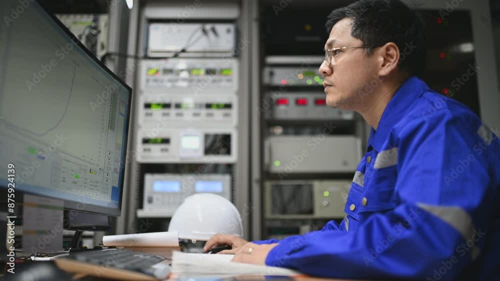 Engineer working at control room,Manager control system,Technician man monitoring program from a lot of monitor Engineer working at control room,Manager control system,Technician man monitoring program from a lot of monitor