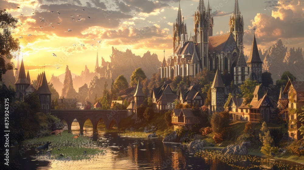 Fototapeta premium Realistic Fantasy Village with Wildlife Ambiance