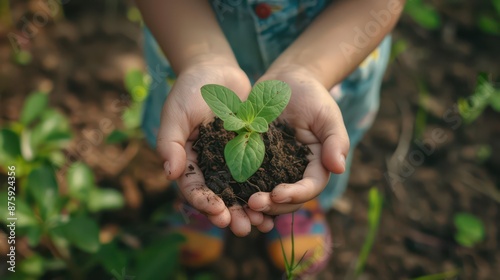 hand children holding young plant. concept eco earth day
