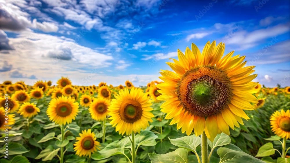 A sunflower field with a blue sky background and room for text.
A sunflower field with a blue sky background and room for text.