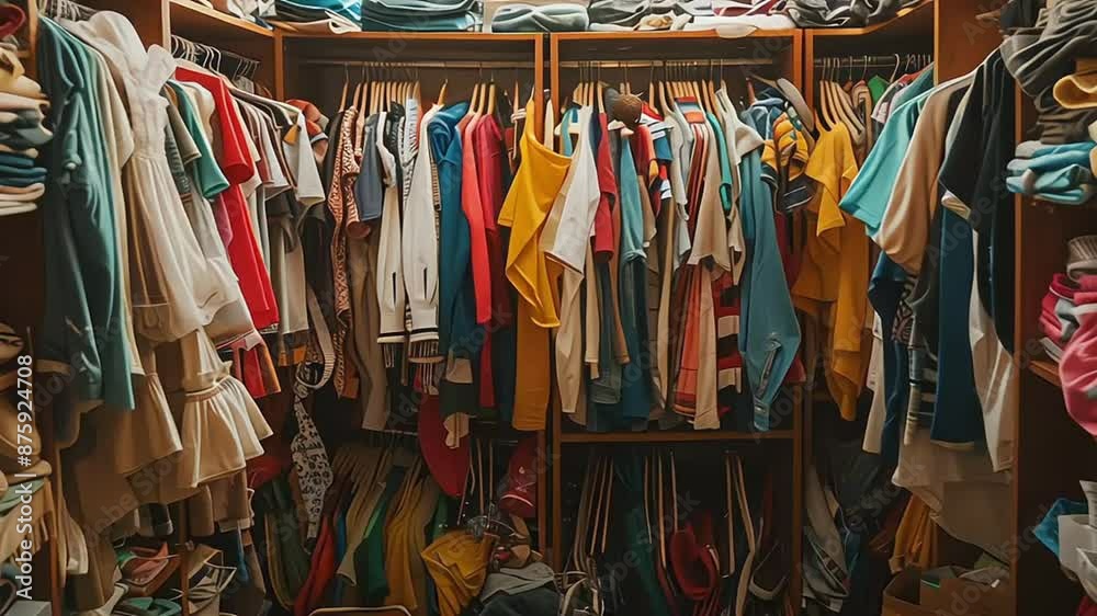 Pile of messy clothes in closet. Untidy cluttered woman wardrobe