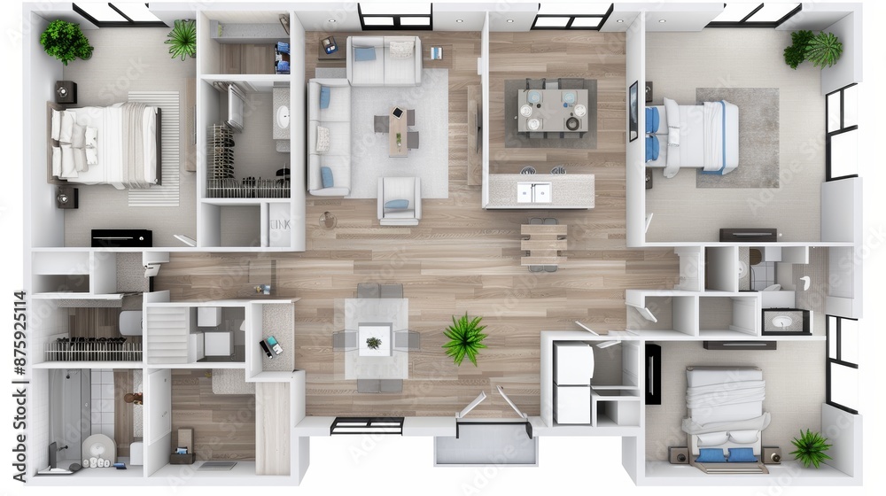 Top-down view of a modern three-bedroom apartment floor plan with hardwood floors. Top-down view of a modern three-bedroom apartment floor plan with hardwood floors.