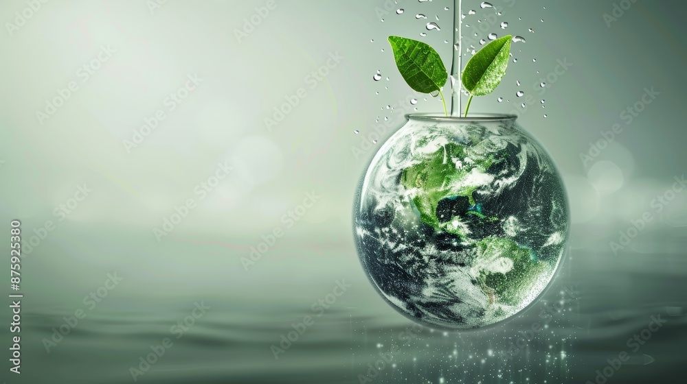 A globe with a green sprout growing from it, being watered, symbolizing environmental sustainability and growth.