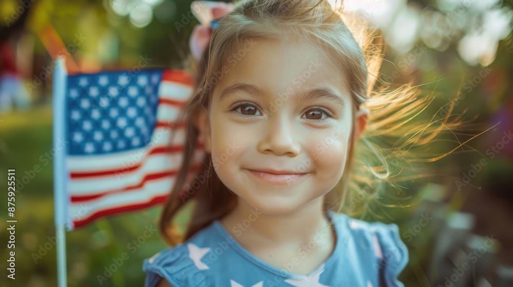 little girl smiling and waving American flag