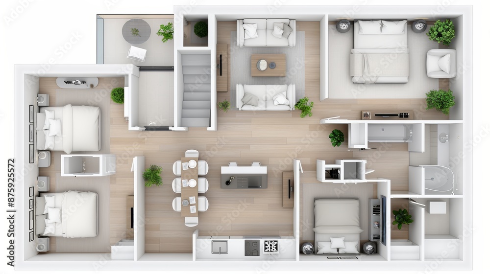 Top view of a modern apartment floor plan with three bedrooms, living room, kitchen and dining area. Top view of a modern apartment floor plan with three bedrooms, living room, kitchen and dining area.