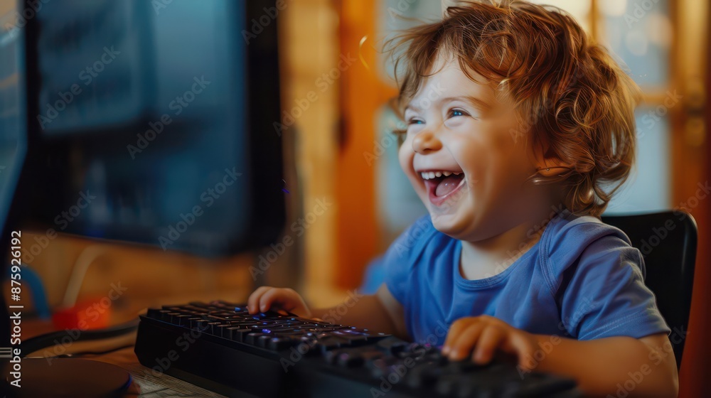 Happy child is playing at the computer and smiling