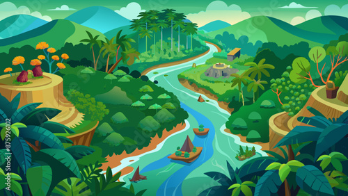 Aerial View of the Amazon Rainforest landscape vector illustration 