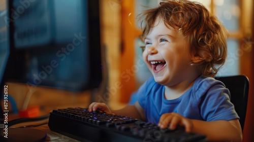 Obraz na płótnie Happy child is playing at the computer and smiling w salonie