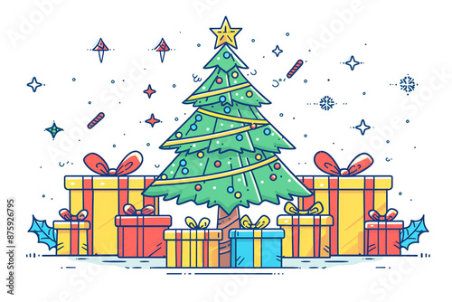 Wallpaper Mural A Christmas tree is surrounded by presents and a star. The tree is decorated with lights and the presents are wrapped in colorful paper. Scene is festive and joyful Torontodigital.ca