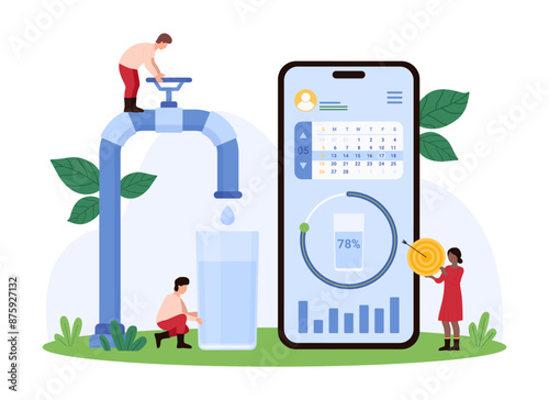 Water reminder mobile app with notification. Tiny people monitoring hydration with calendar and loading circle chart on smartphone screen to drink more clean water cartoon vector illustration