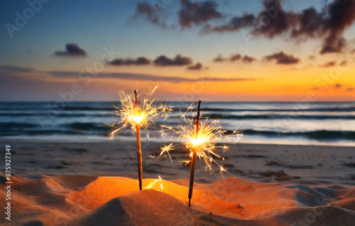 two burning sparklers on beautiful sand beach during romantic sunset. Generative AI.