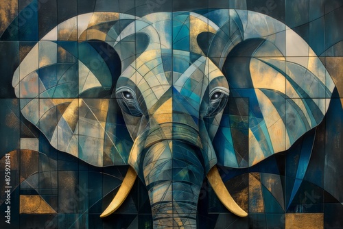Fototapeta Naklejka Na Ścianę i Meble -  vibrant and dynamic abstract artwork of an animal feature a harmonious blend of bold colors such as blues, greens, and touches of gold, with fluid, sweeping lines and geometric shapes
