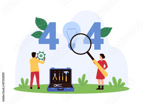 403 error, page not found, security warning message. Tiny people of maintenance service with magnifying glass and gear repair lost network connection, broken light bulb cartoon vector illustration