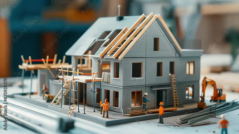 building house on blueprints with worker - construction project