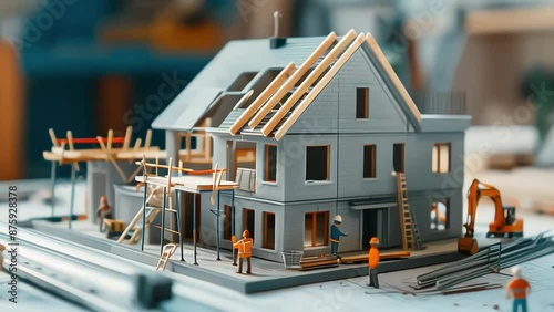 building house on blueprints with worker - construction project