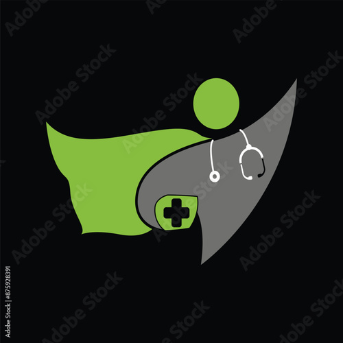 a green and black superhero logo with a DOCTOR holding a green shield.