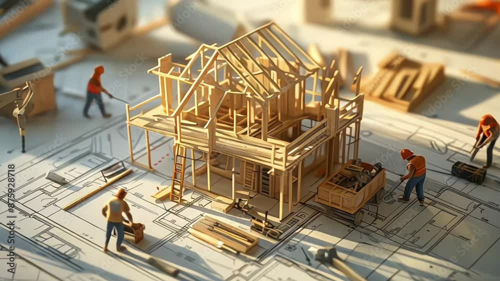 building house on blueprints with worker - construction project