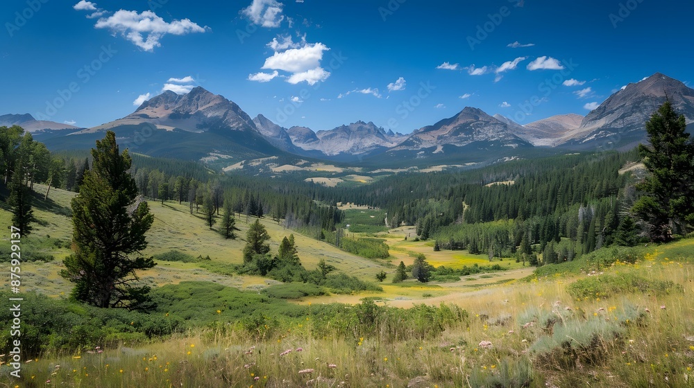 mountain valley landscape with pine trees and wildflowers mountain valley landscape with pine trees and wildflowers
