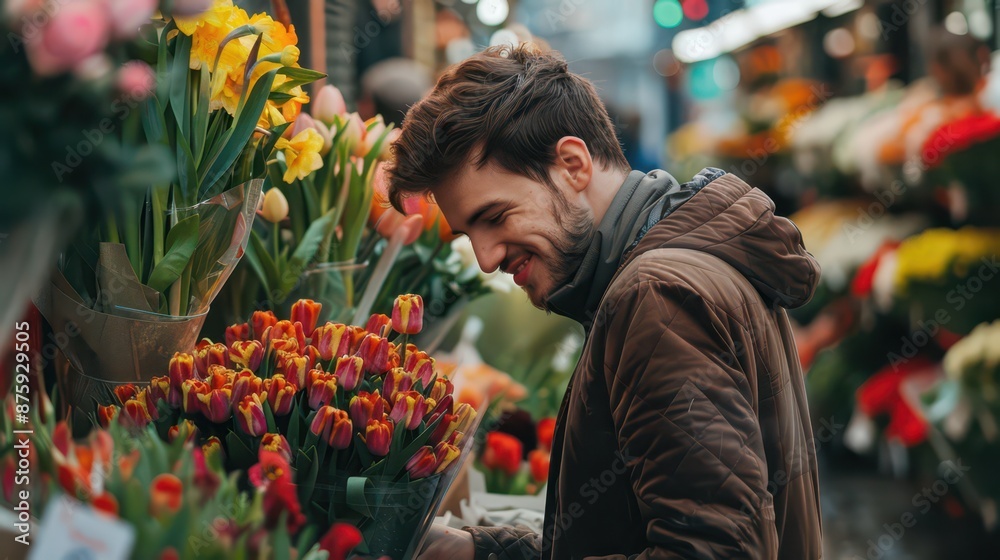 Young man buying plants at flower shop on the street.