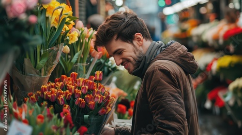Obraz na płótnie Young man buying plants at flower shop on the street. w salonie