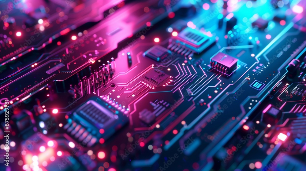 Circuit board, illuminated by vibrant neon pink and blue lights, reveals the intricate network of pathways, chips, the complexity and interconnectedness of modern technology. Circuit board, illuminated by vibrant neon pink and blue lights, reveals the intricate network of pathways, chips, the complexity and interconnectedness of modern technology.