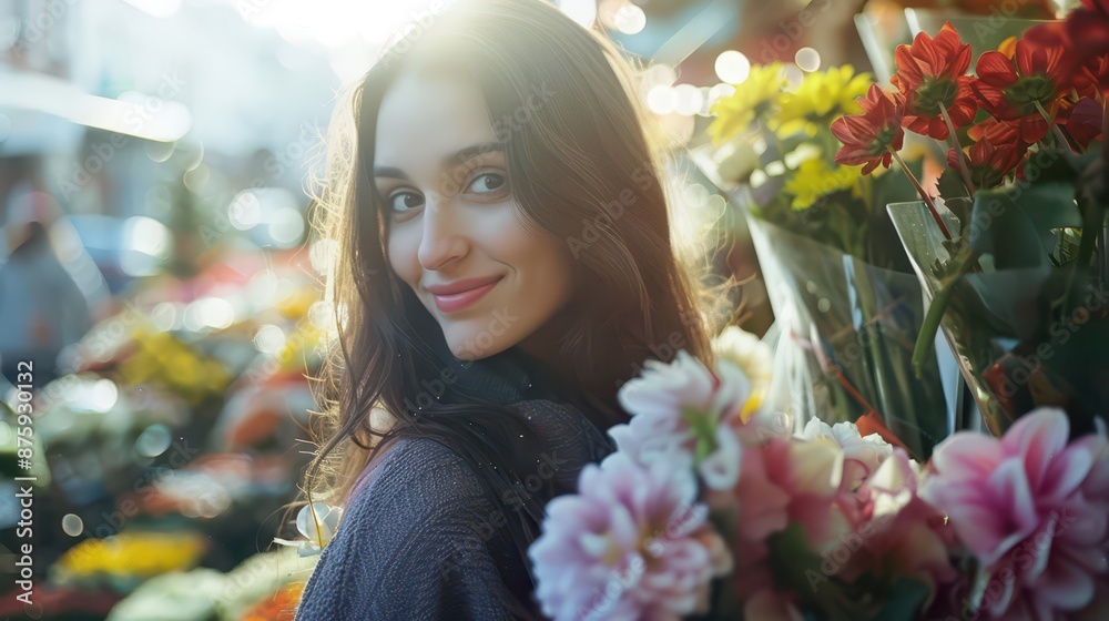 Beautiful girl buying flowers in flower shop