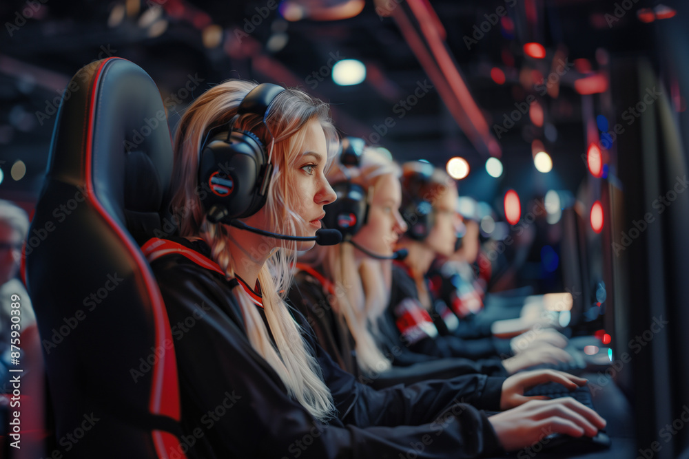 A focused female esports team competes intensely in a cyber sport tournament on gaming arena. A focused female esports team competes intensely in a cyber sport tournament on gaming arena.