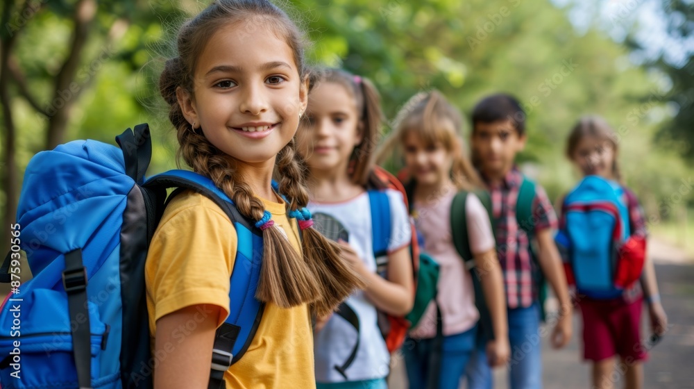 Group of children with rucksacks near the school