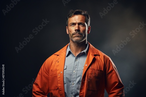 A man in an orange jumpsuit stands in front of a dark background