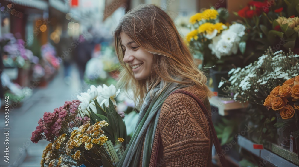 Beautiful girl buying flowers in flower shop