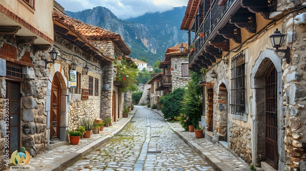 Fototapeta premium Stone houses with red tile roofs and cobblestone street in a small Greek village