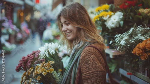 Obraz na płótnie Beautiful girl buying flowers in flower shop w salonie