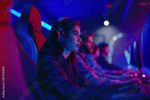 A focused female pro gamer wearing a headset competes intensely in an esports tournament, surrounded by teammates and vibrant neon lighting. Cybersport team contest photo