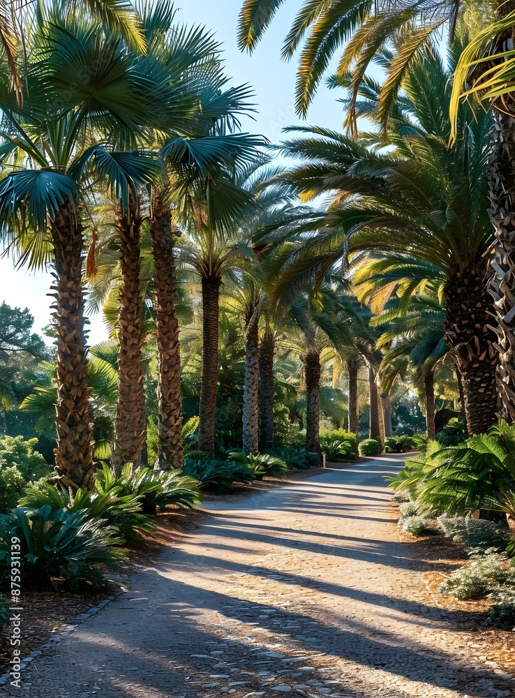 Fototapeta premium Palm Tree Lined Pathway in a Garden