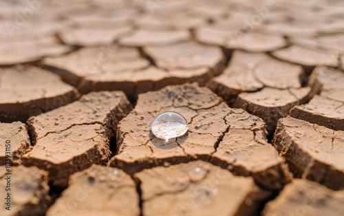 Cracked dry earth with a single water droplet, representing drought and climate change. Symbolizes hope and environmental challenges. photo