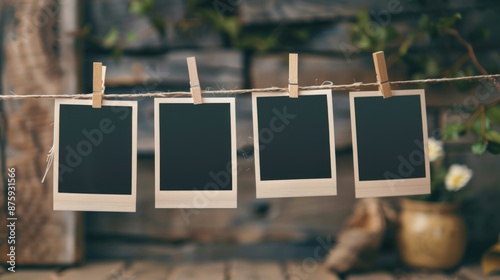 Hanging Photo Frame. Blank Polaroid Frames on Clothes Line with Black Border